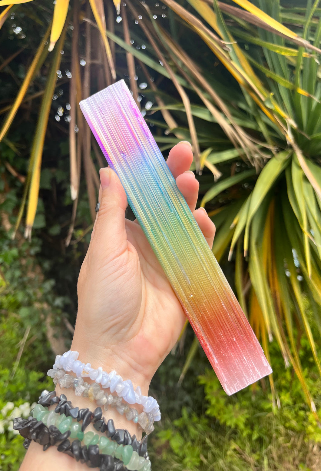 Rainbow Aura Selenite/Satin Spar Charging Plate - Mystical Rainbow Treasures 